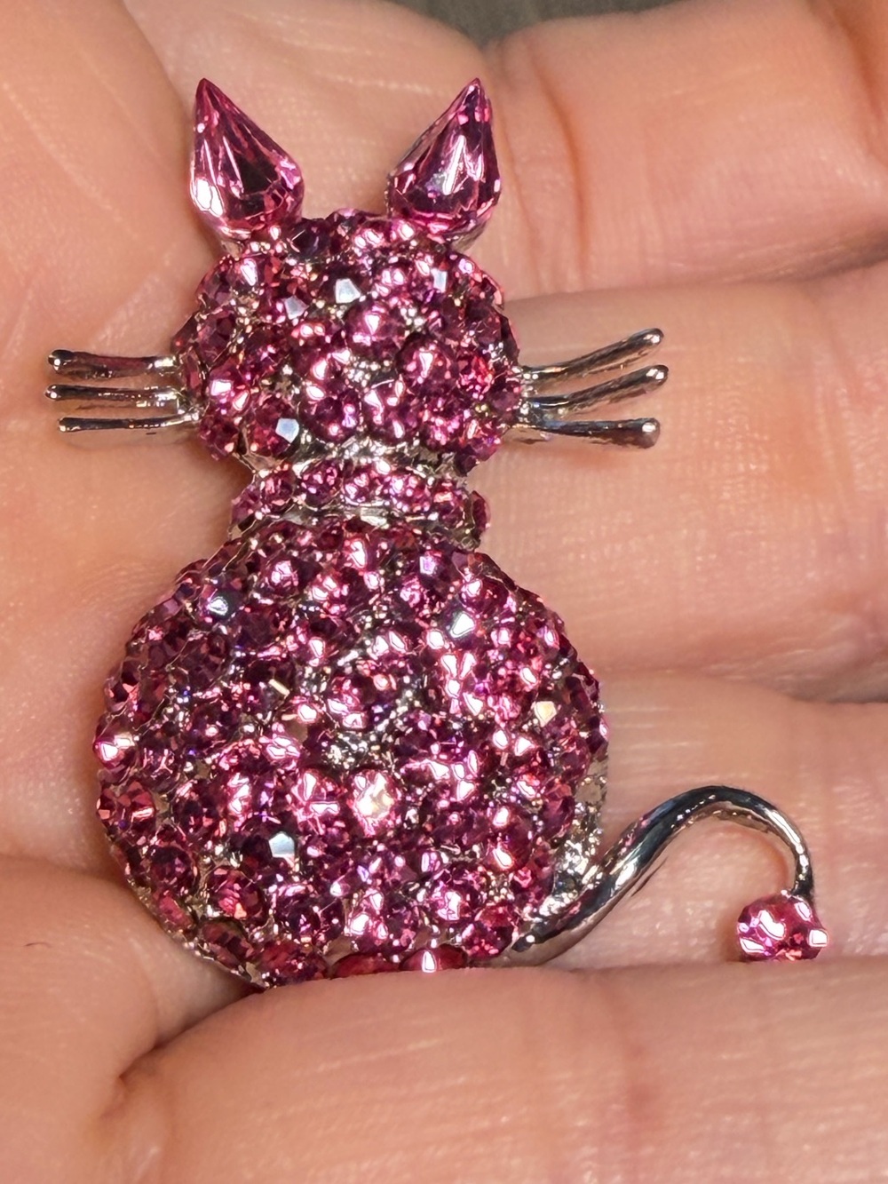 Kitty Cat Brooch Pink Rhinestone Kitten Pin Sparkly Animal Brooch 1.75"